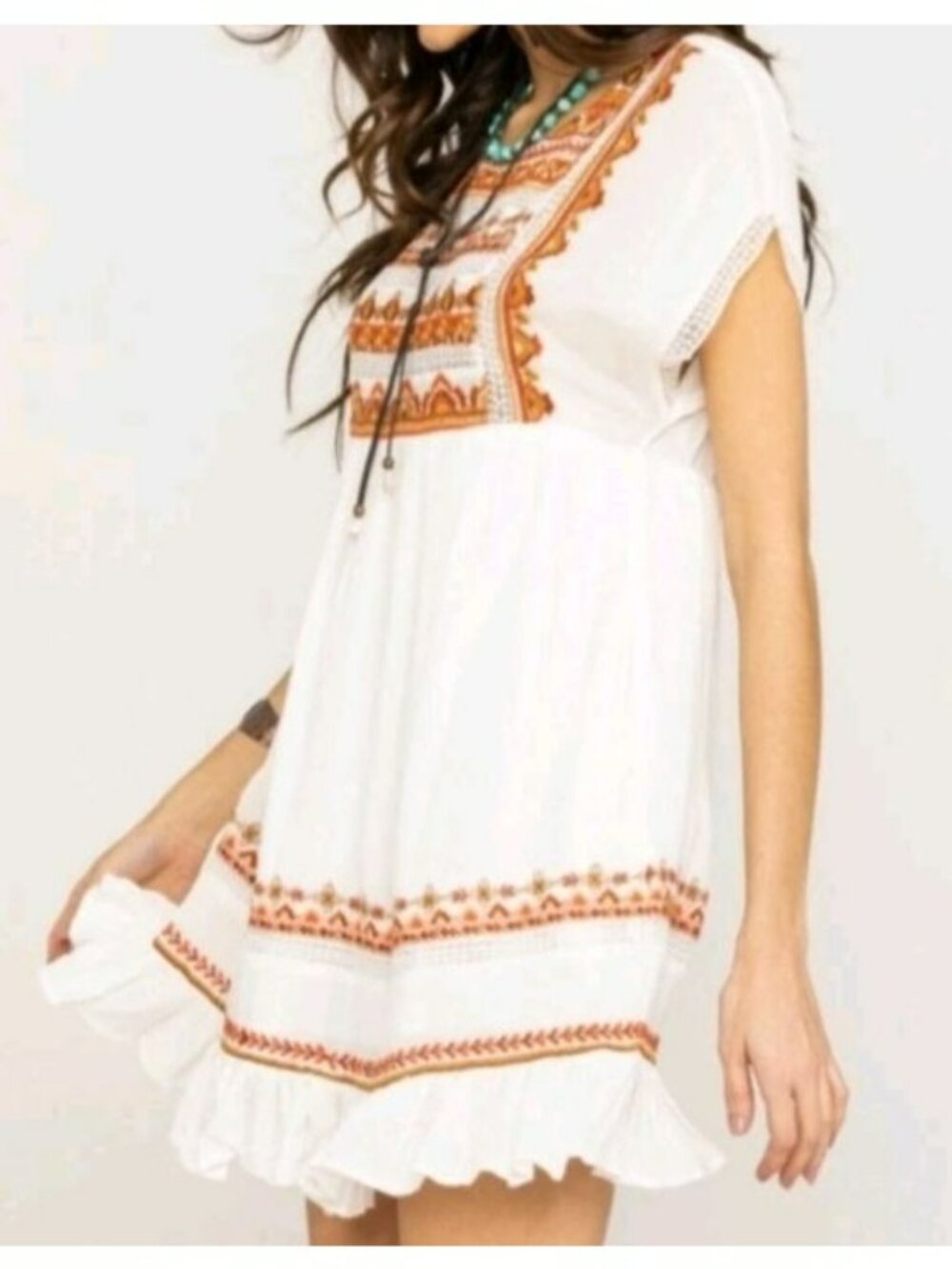 Free People Embroidered Boho Tunic Dress White Red Orange Small India
